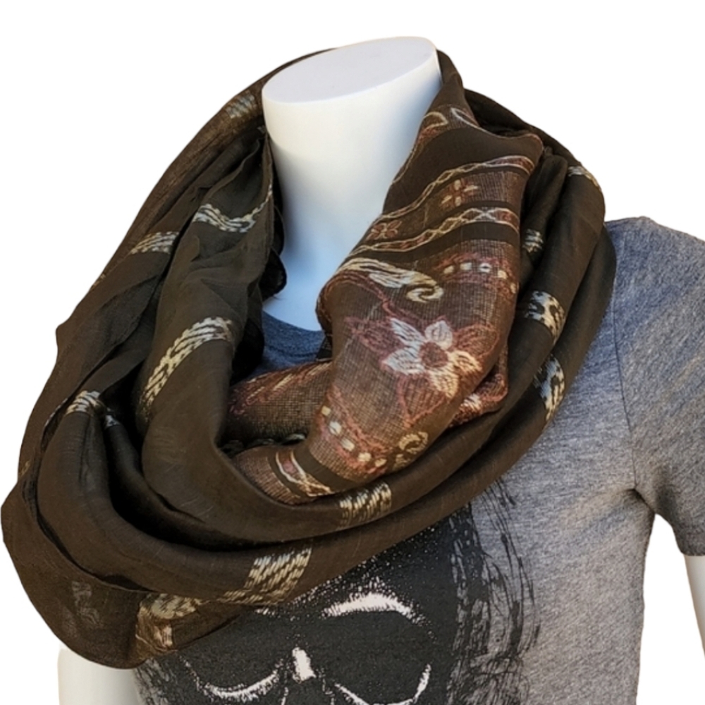 VINTAGE EGYPT Brown Gold Floral Paisley Scarf Wrap Shawl Hijab Metallic - Picture 2 of 12